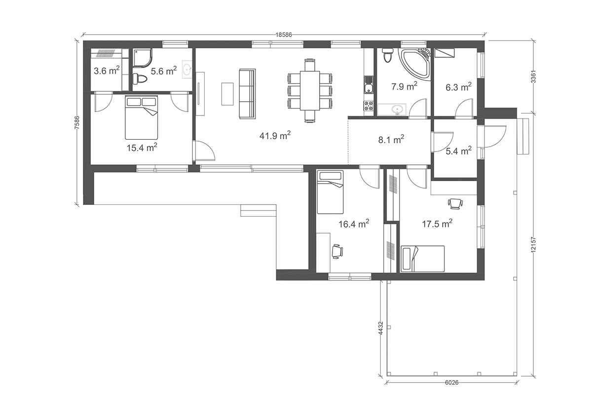 Prefabricated timber frame house design - X-128 floor plan
