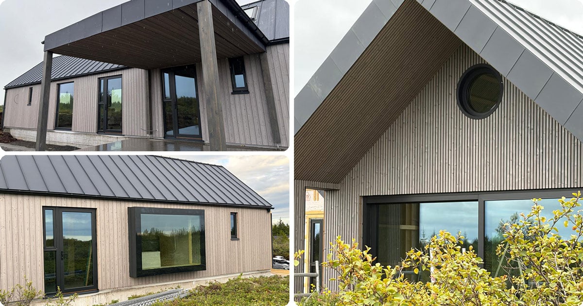 Open House in Iceland: collage showing three views of a modern timber-frame house under construction, featuring vertical timber cladding, large windows, a covered terrace, and contemporary Scandinavian architecture.